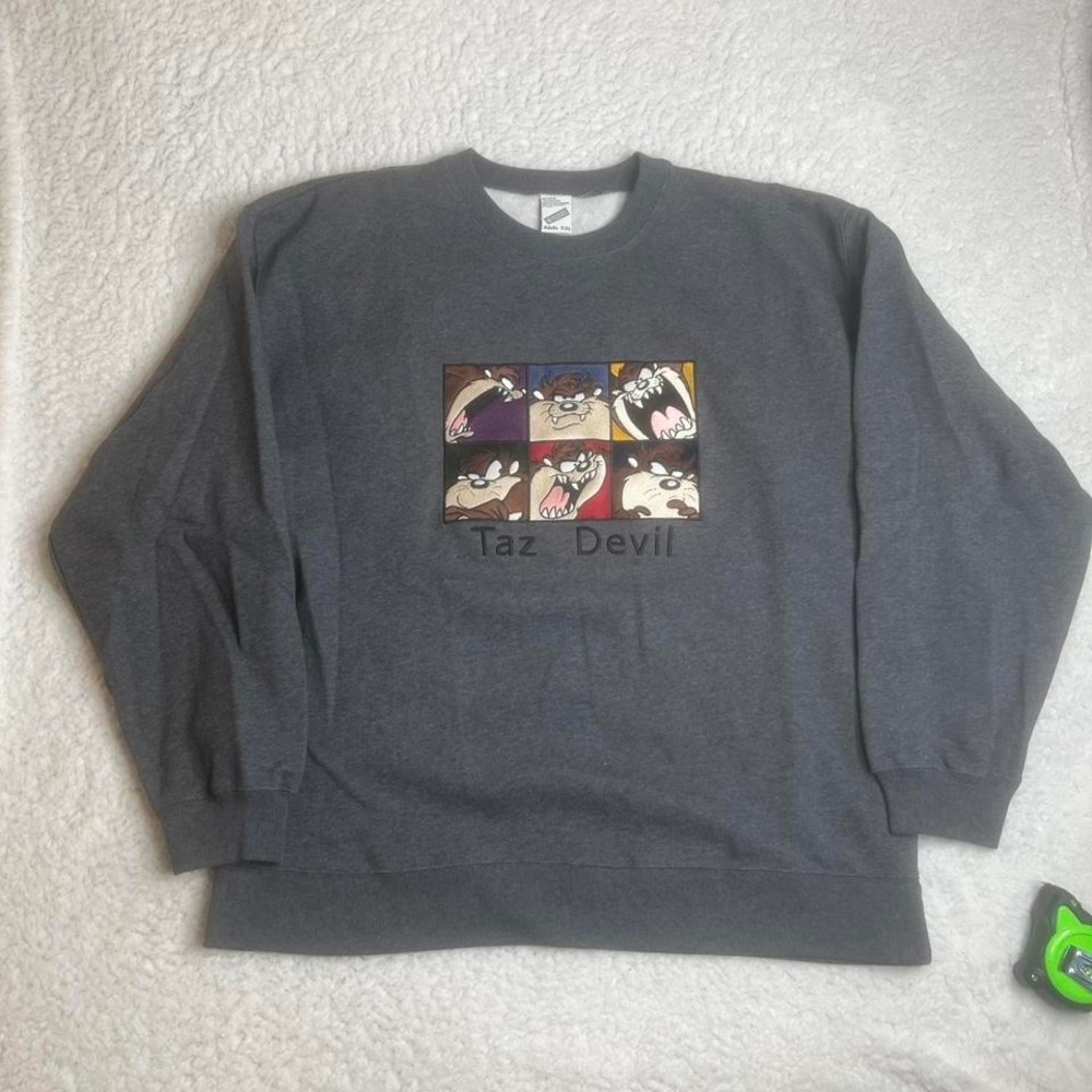 1998‎ Warner bros taz devil embroidered logo men's grey crewneck sweatshirt xxl